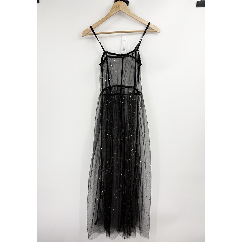 Celestial Sheer Maxi Dress Women Small Mesh Sheer Moon Stars Boho Indie Witchy